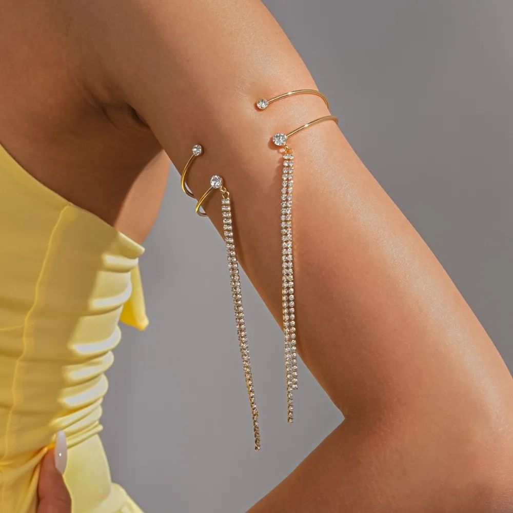 Adjust Bracelet Rhinestone Upper Arm Cuff Double Layer Open Crystal Armband Shiny Gothic Fringe Armlet Festival