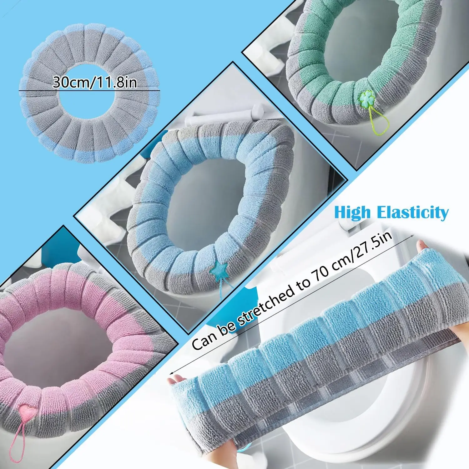 Color Portable Thickened Plush Toilet Seat Cover, Washable Warm Toilet Seat Cushion with Lifting Handle Cartoon Toilet Pad
