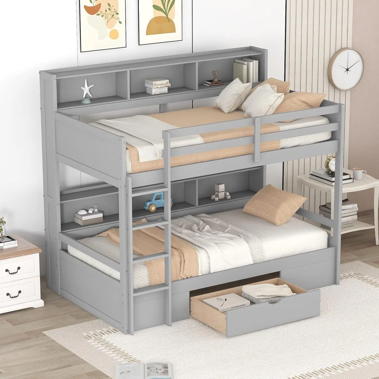 Twin Wooden Bunk Bed with Built-in Shelves Storage Drawer Guardrails Ladder for Kids Bedroom, Customized