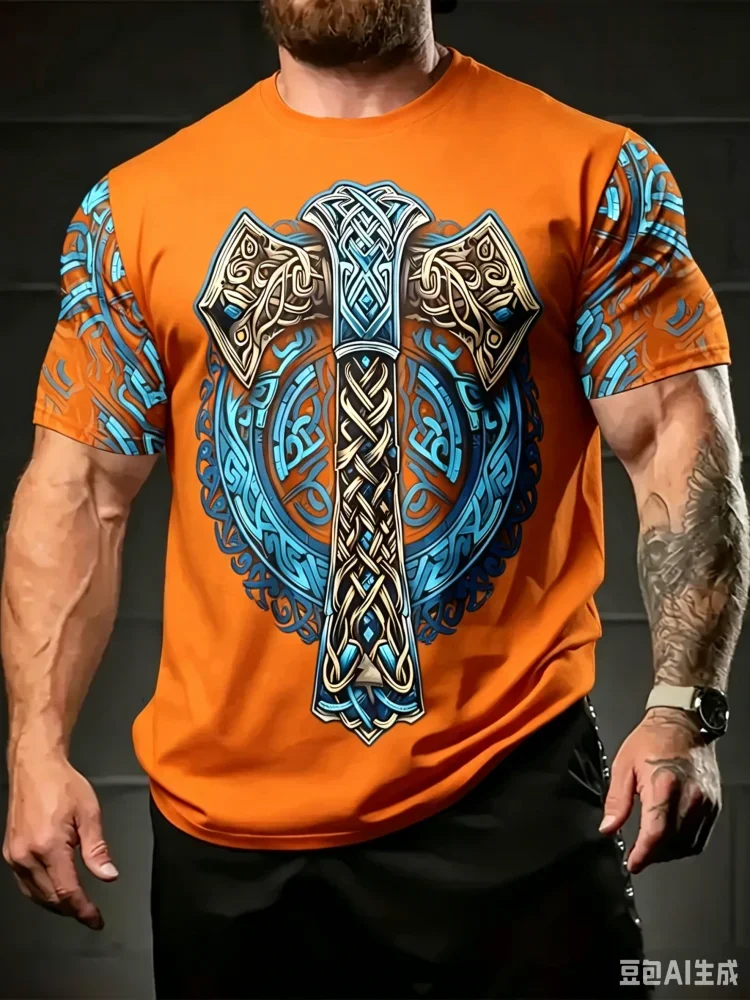 Fashion New Viking Pattern Full Print Men's T-shirt Vintage Norse Tattoo Style Black Streetwear Short Sleeve Street Man Clothes