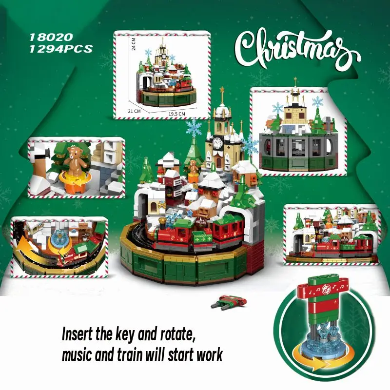 1248 Uds DIY bloques de arquitectura de tren de Navidad Castillo de Navidad bloques de construcción con caja de música niños cumpleaños montar ladrillos regalos