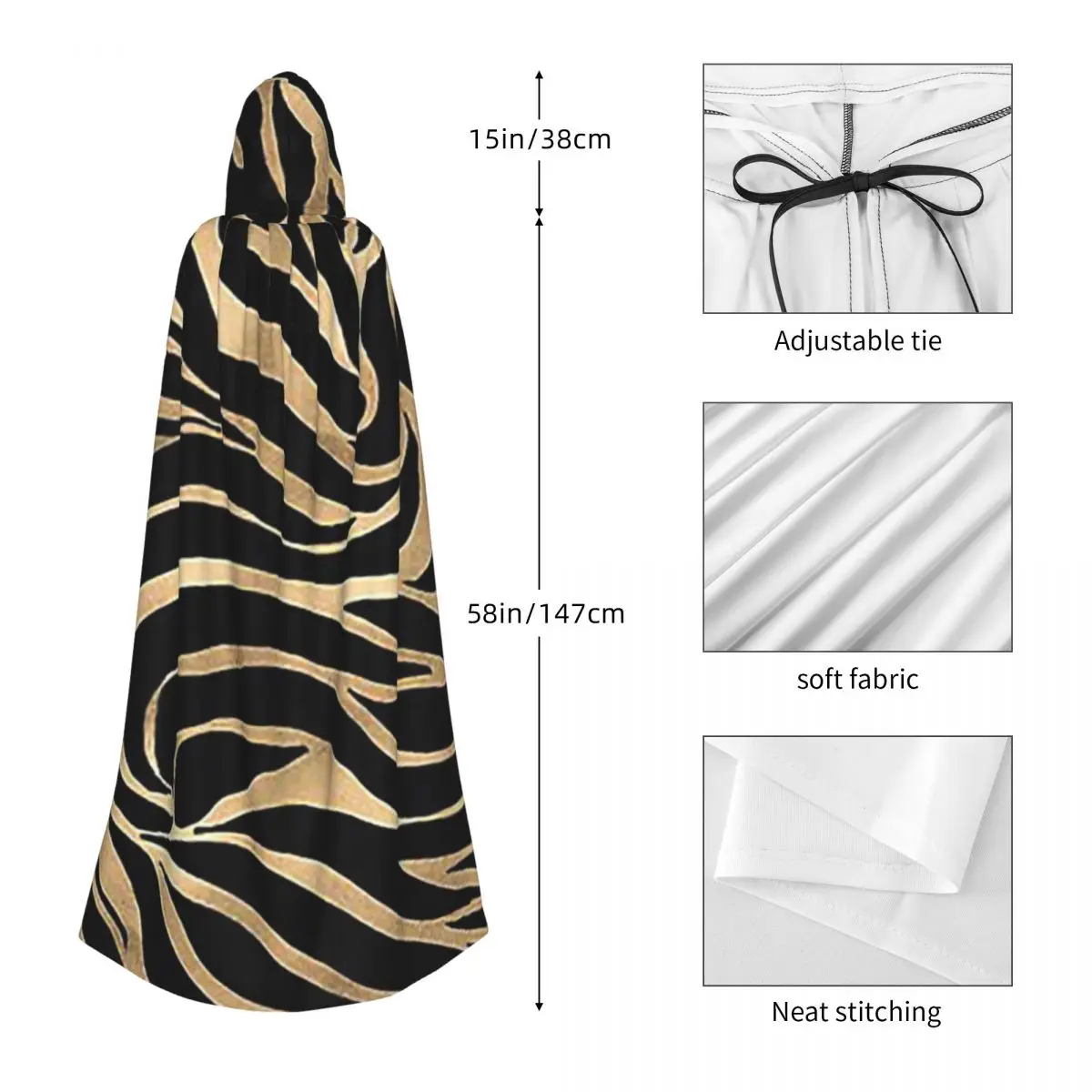 أنيقة معدنية الذهب زيبرا الأسود الحيوان طباعة طويلة مقنعين عباءة الساحرة القرون الوسطى زي تأثيري كيب HalloweenParty الكبار للجنسين