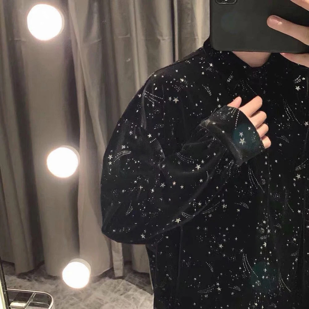Mens Shirts Starry Sky Performance Shirts Streetwear Fashion Nightclub Youth Campus All-Match Long Sleeve Tops Men\'S Clothing