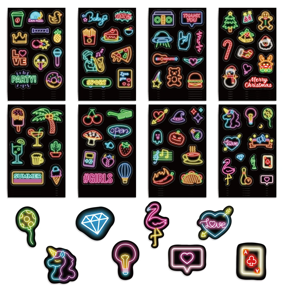 8/16 Vellen Schattige Cartoon Neon Graffiti Stickers Stickers Stickers Kids Speelgoed Diy Laptop Notebook Koffer Koelkast Decoratie Sticker