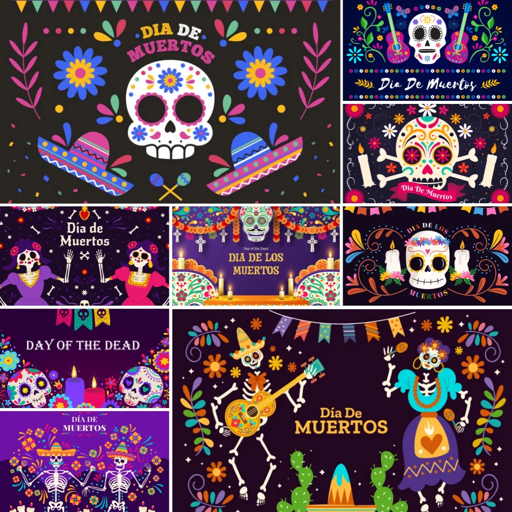Mexican Fiesta Backdrop Day Of Dead Skull Candle Dancer Dia De Los Muertos Cactus Guitar Party Decor Photo Studio Props Banner