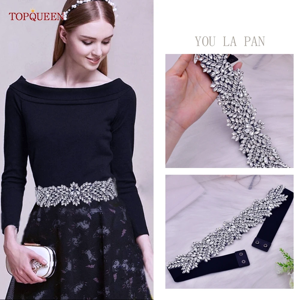 TOPQUEEN S420-B Women Black Fashion Elastic Wide Belts Silver Rhinestone Handmade Beaded Sash Dress Accessories Luxury Sparkly