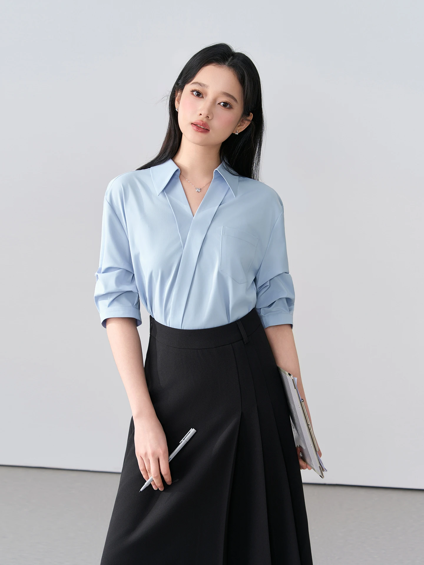 

Blue V-Neck Miss Bird Shirt Women's Summer Formal Interview Short Sleeve Business Top Comfortable Breathable Polyester Fiber