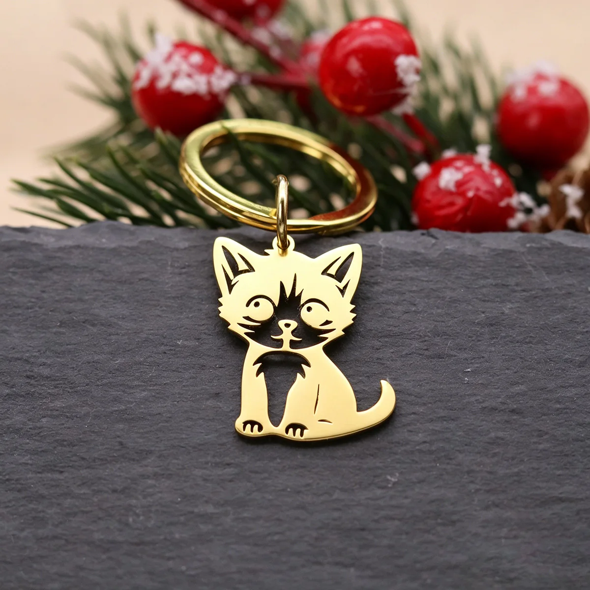 Cartoon Cat Keychain Stainless Steel Sitting Kitten Charm Key Ring Cute Things Backpack Accessories Key Holders Charms Gift