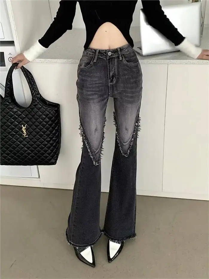 

Джинсы-колокольчики с высокой талией, женские осенне-зимние новые брюки-колокольчики в американском стиле для девочек, расклешенные брюки-колокольчики с кисточками