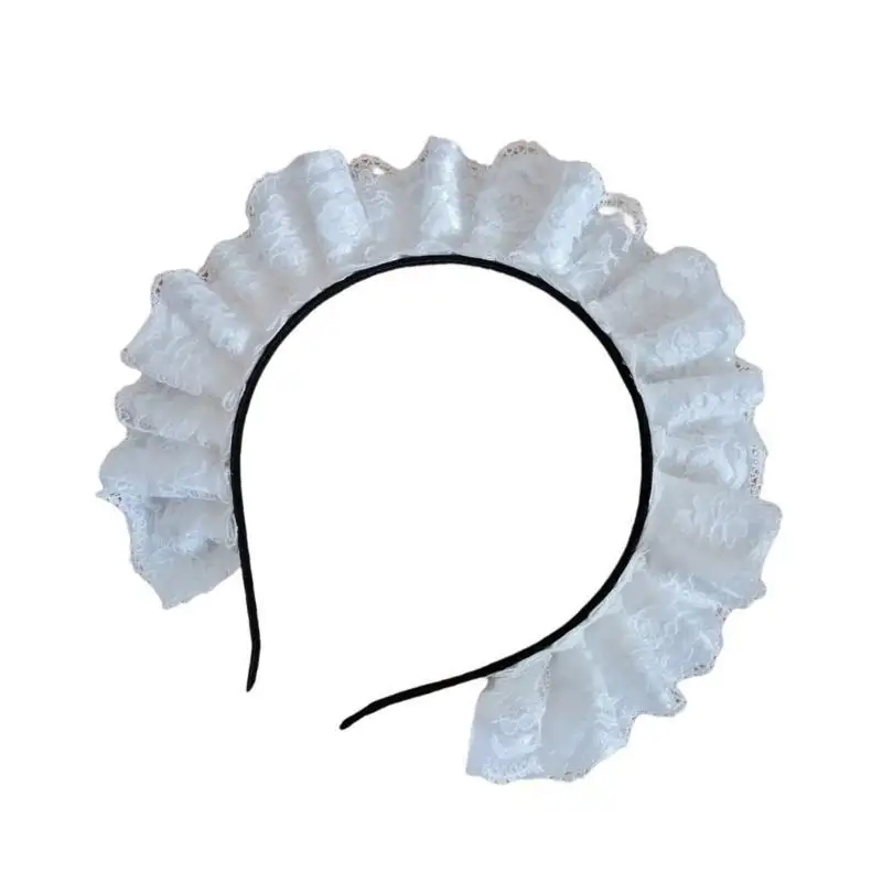 39BD Cosplay Maid Headbands Japanese Hair Hoop with Pleated Lace for Halloween
