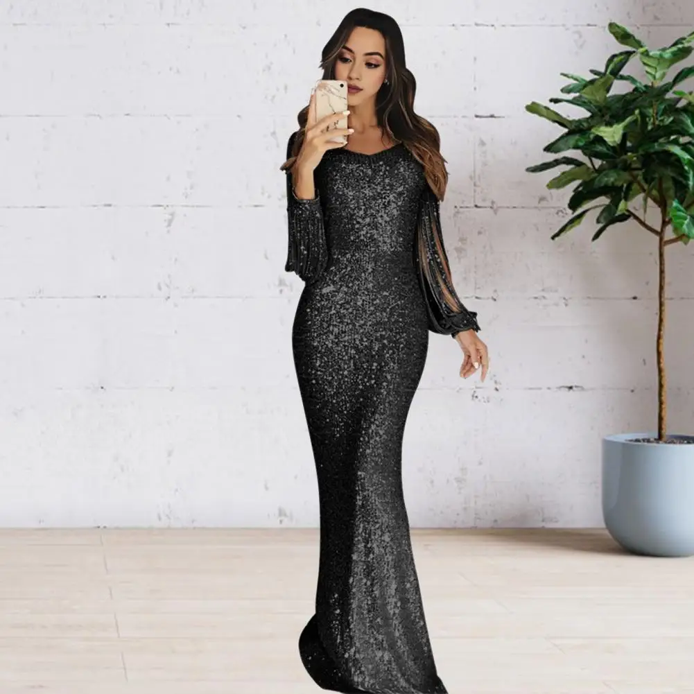 Solid Color Evening Gown Elegant Sequin Fishtail Evening Dress with Tassel Sleeves Women's V Neck Cocktail Party for Special