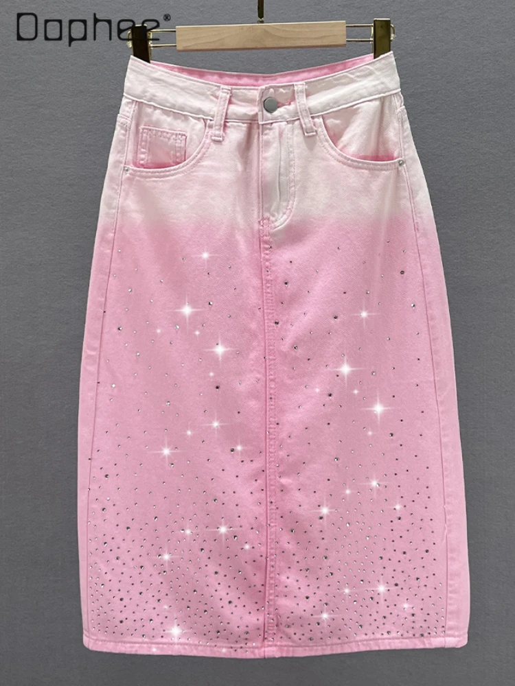 Sweet Gradient Pink Mid-Length Denim Skirt for Women 2024 Summer New Thin High Waist Loose European Goods Rhinestone Hip Skirt