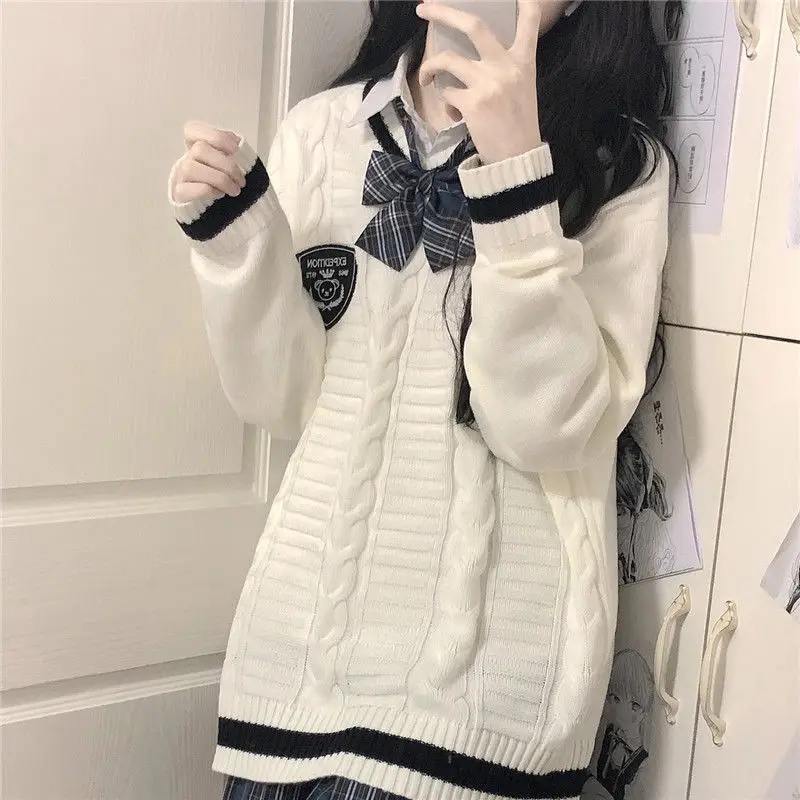 New 2022 Japanese Wear Pullover Jk Sweater Loose V-neck Regular Long Sleevesstudent Hollow Out Knitting Loose Women Pullover XXL