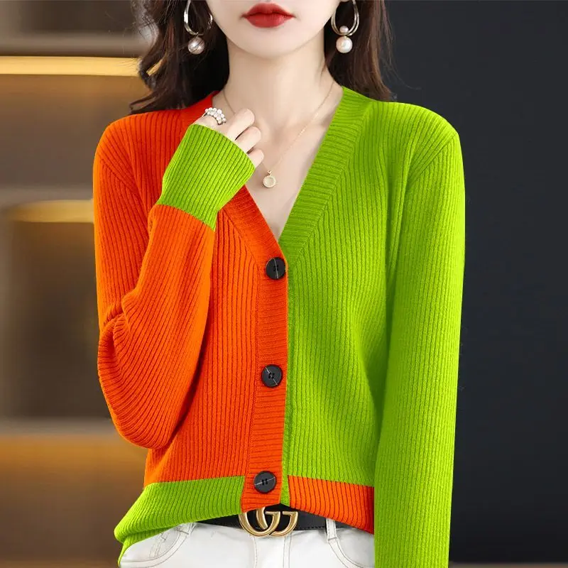 Casual Fashion V-Neck Spliced Color Knitted Cardigan Sweater Women\'s Clothing 2022 Autumn New Loose Korean Tops All-match Coat