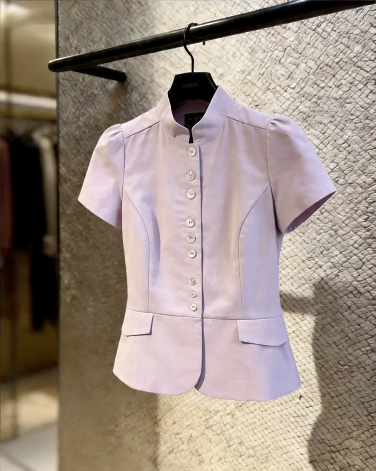 2026 Summer New Women's Top, Versatile, Mandarin Collar with Button Details, Short Sleeves, Stylish Design, Purple