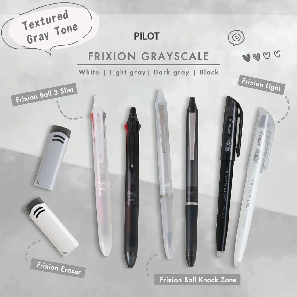 Pilot FriXion Grayscale–Erasable Ink, Fluorescent Eraser Pen, Magic Eraser Invisible, Black/Gray/White, Office/School Stationery