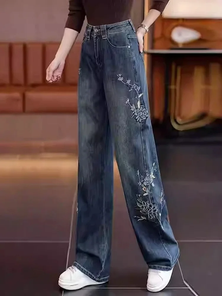 Schwere Stickerei Breite Bein Denim Jeans frauen Hohe Taille Lose Abnehmen Hosen Bodenlangen Faionable Neue Herbst Sle