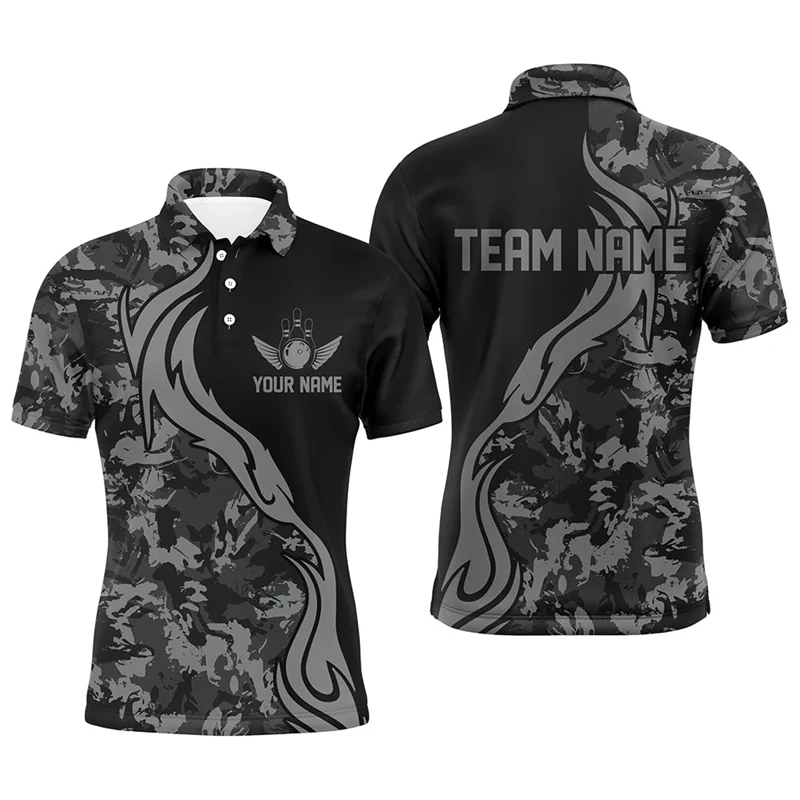 

Trend Bowling Graphic Team Uniforms For Men Fashion Summer Short Sleeve Custom Name Polo Shirts Casual Loose Lapel Button Tees