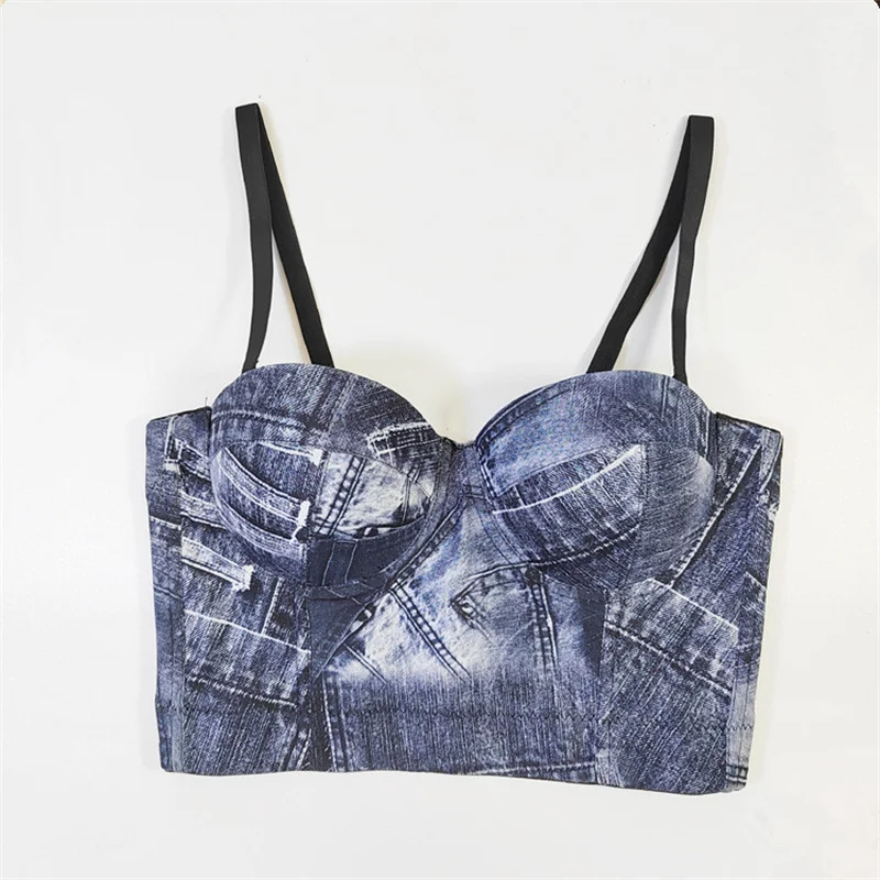 Mesh Denim with Beauty Back and Strapless Exterior Women's Thin Underwear One Piece Cup Vest Sexy Spicy Girl Fishbone Corset