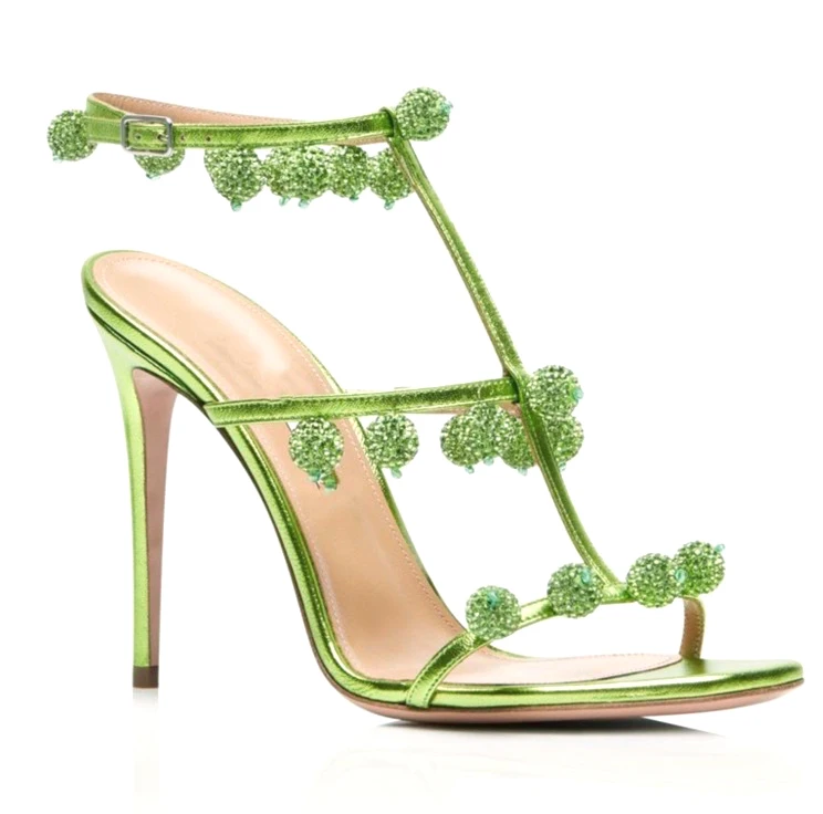 

Glitter Little rhinestone Balls Strap Sandals Green Silver Thin high heels Open Toe woman Crystal ball Cutout banquet shoes