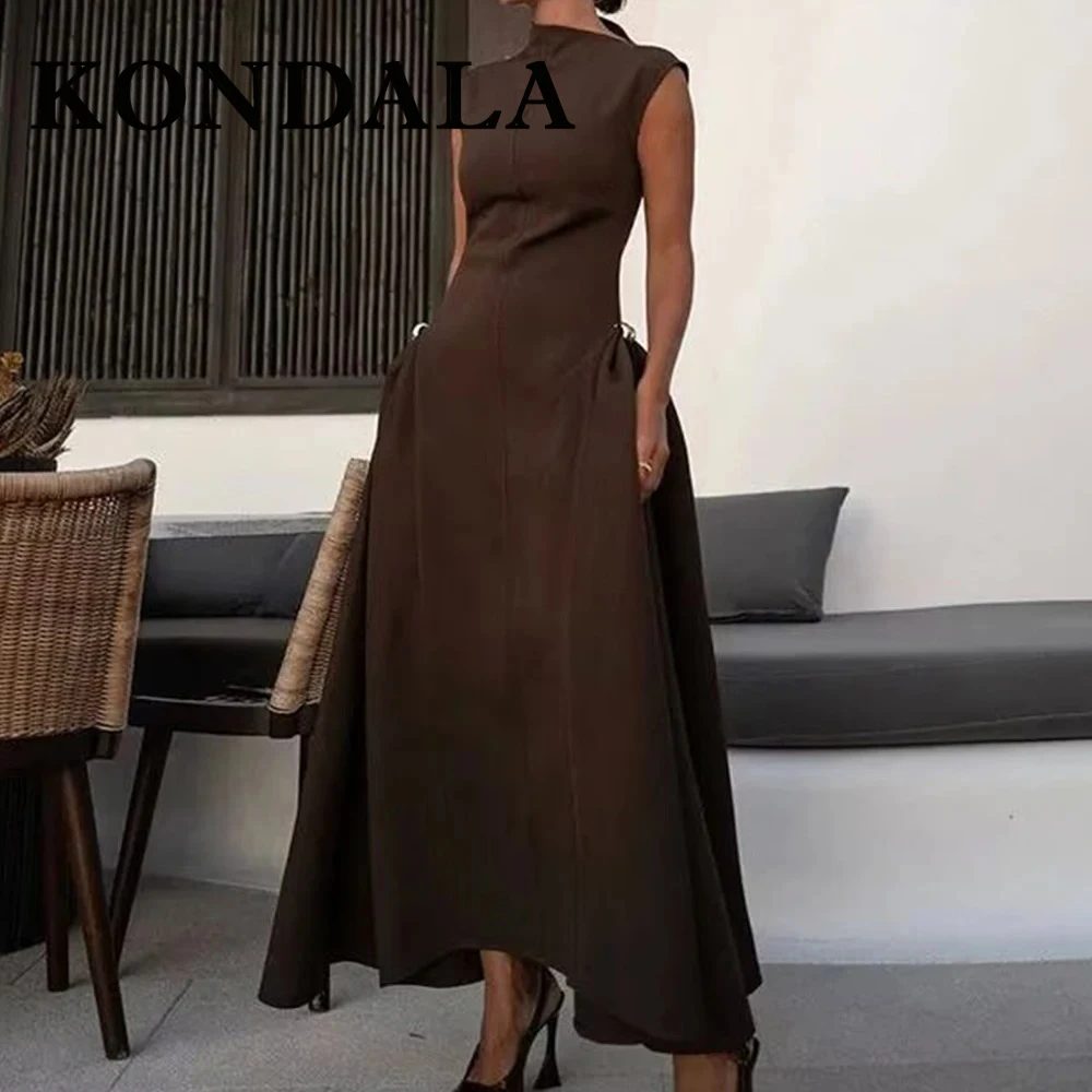 

KONDALA Chic Women‘s DressFashion 2025 Club Pleated Slim Night Party Dress Sleeveless Half High Neck Elegant Vintage Vestido