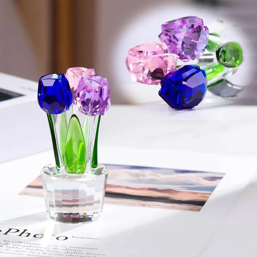 

Creative Crystal Tulip Sculpture Colorful Handmade Tulip Bouquet Ornaments Small Reflect Desktop Floral Decorations