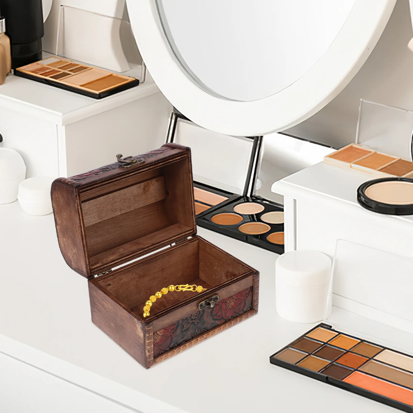 

Small Wooden Treasure Chest Flower Carved Latch Jewelry Box Style Retro Jewelry Organizer Vintage Storage Case for Rings