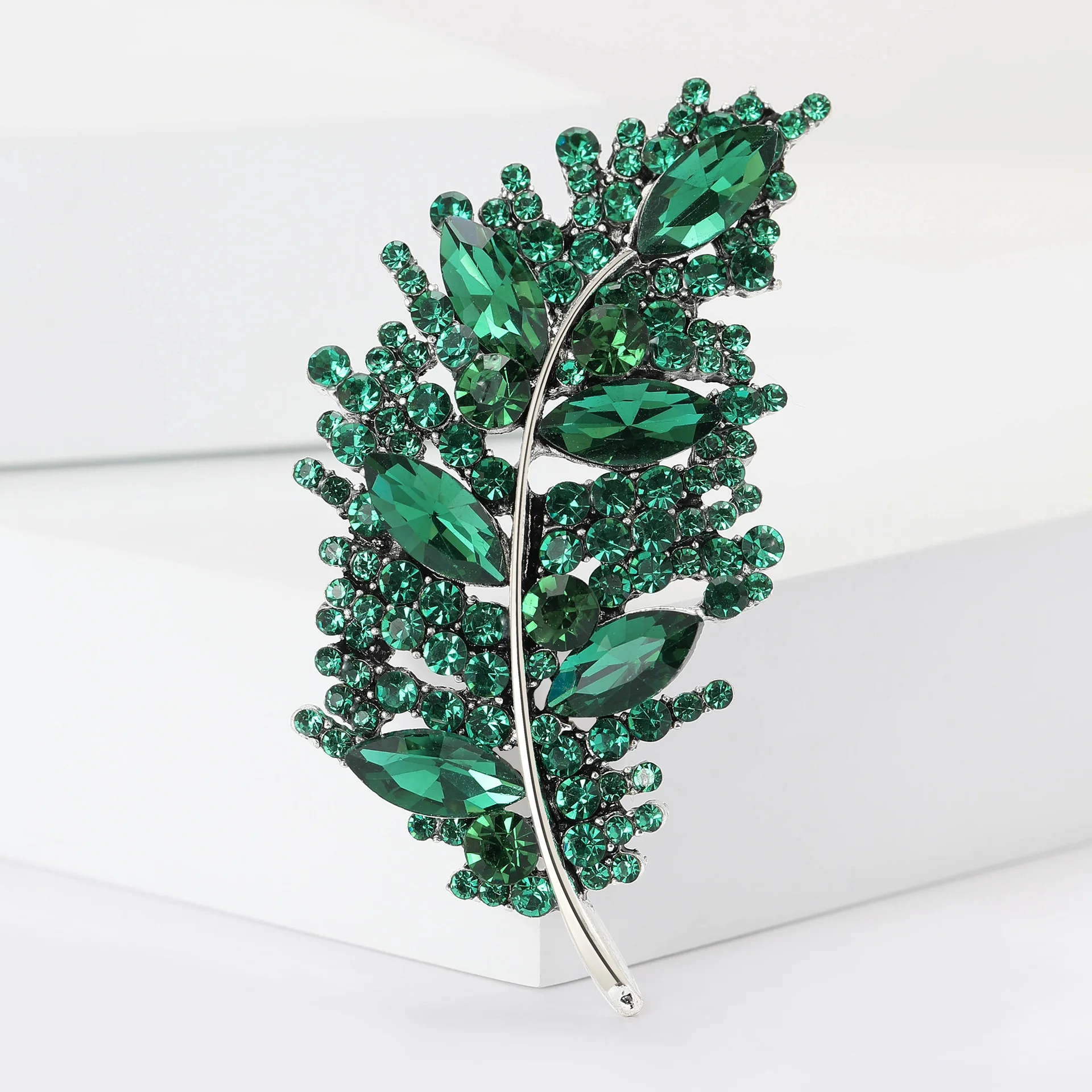 Exquisite Crystal Leaf Brooch Rhinestone Pin with Sleek Metal Stem Elegant Accessory for Dresses Coats Formal Women Jewelry