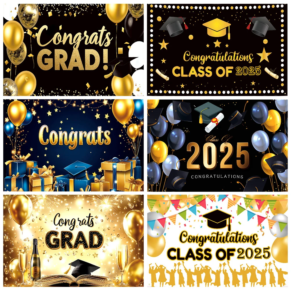 

2025 Graduation Theme Photography Background Gold Glitter Balloons Bachelor Hat Congrats Grad Party Decor Banner Photo Prop Gift
