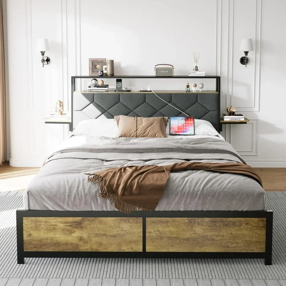 

Queen Bed Frame with RGB LED Light, USB Port and Power Outlet, Headboard with Storage Space,Suitable for bedrooms, free shipping