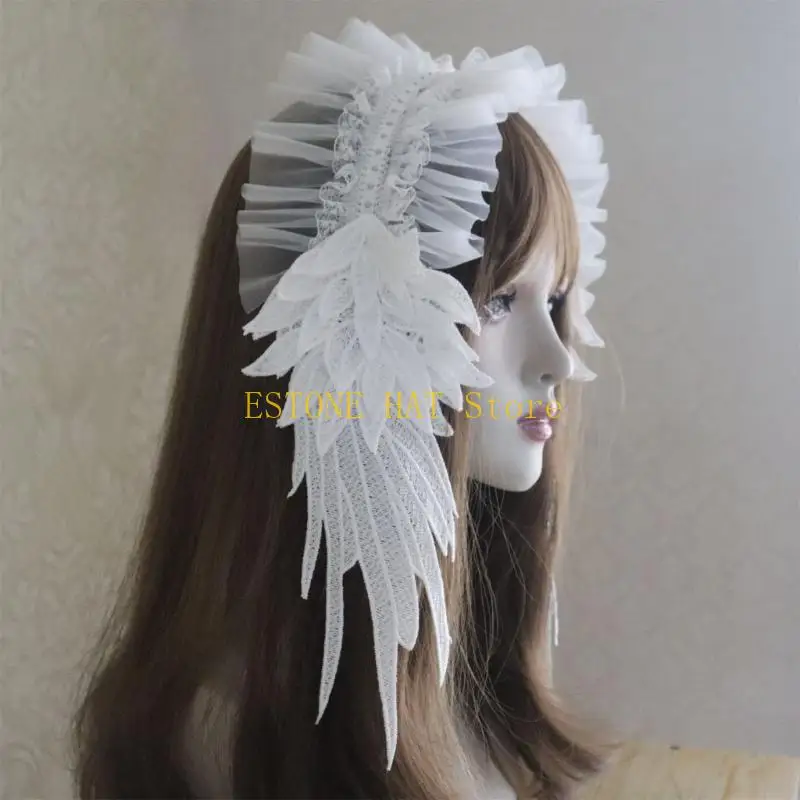 

49MF White Lace Angelic Wing Headband Adjustable Anime Costume Headwear for Women