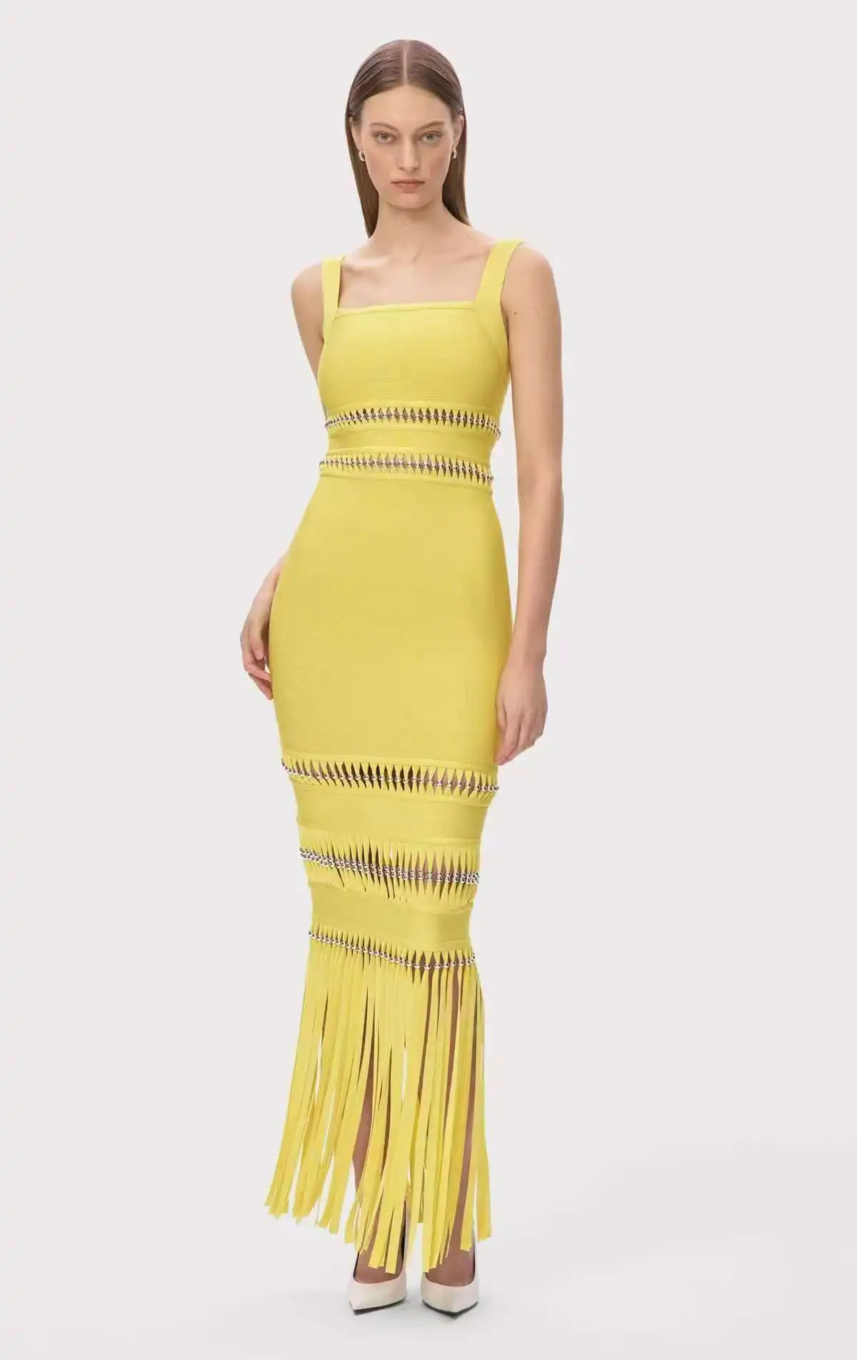 

Women Sleeveless Sexy Square Collar Hollow Out Bodycon Long Tassel Bodycon Bandage Dress Elegant Evening Party Office Lady Wear