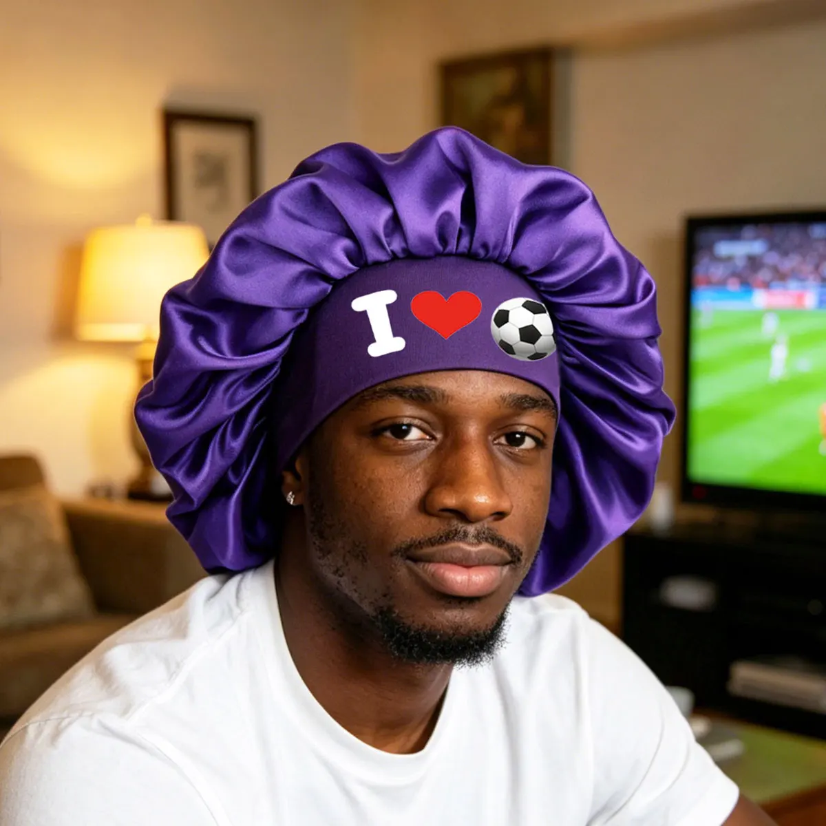 Comfortable Wide Brim Sleep Cap 'I Love Football' Nighttime Hat Design for Gentle Care Suitable for Fashionable Ladies And Men