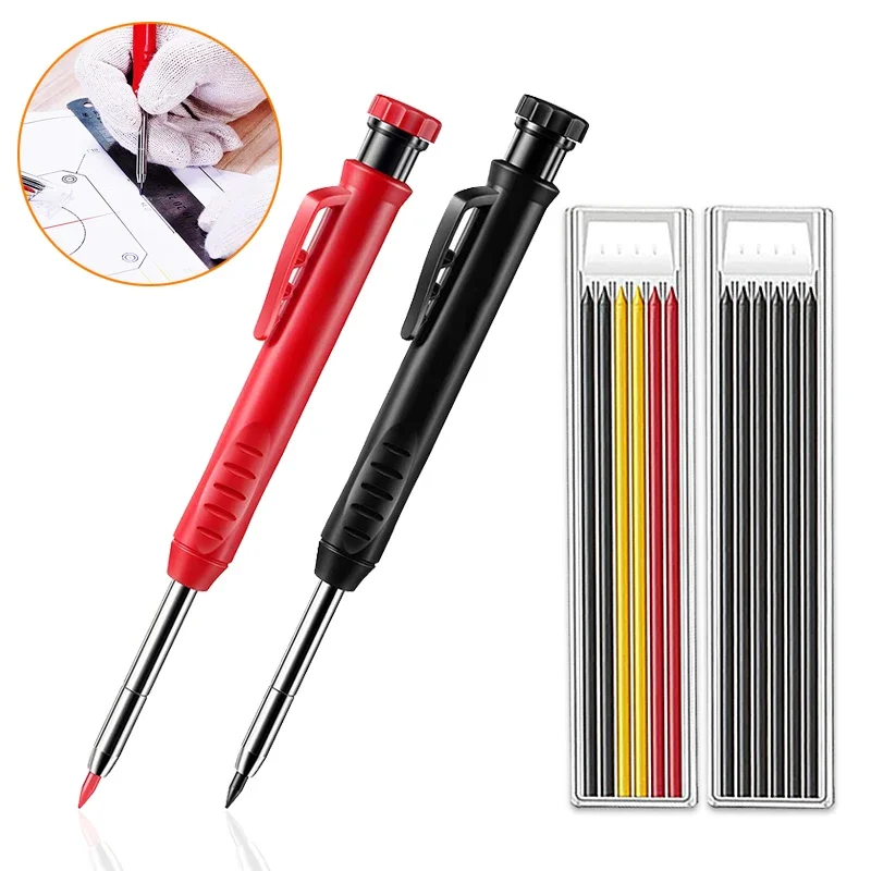 Solid Carpenter Pencil and Built-in Sharpener with Refill Leads for Deep Hole Mechanical Pencil Marker Marking Woodworking Tools