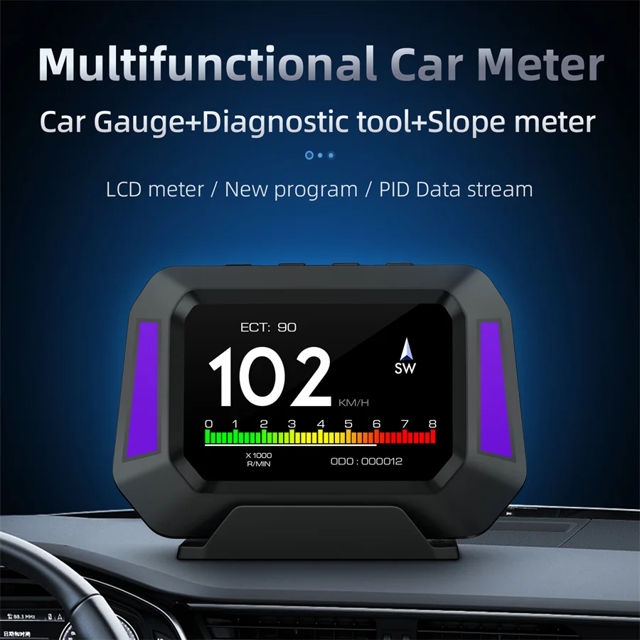 OBD2+GPS+Slope Meter HUD Smart Gauge Speed RPM BAT Alarm Acceleration&Brake Test Scan Fault Code