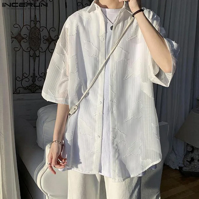 

2024 Men's Shirt Mesh Transparent Jacquard Lapel Half Sleeve Loose Men Clothing Streetwear Fashion Casual Shirts S-5XL INCERUN