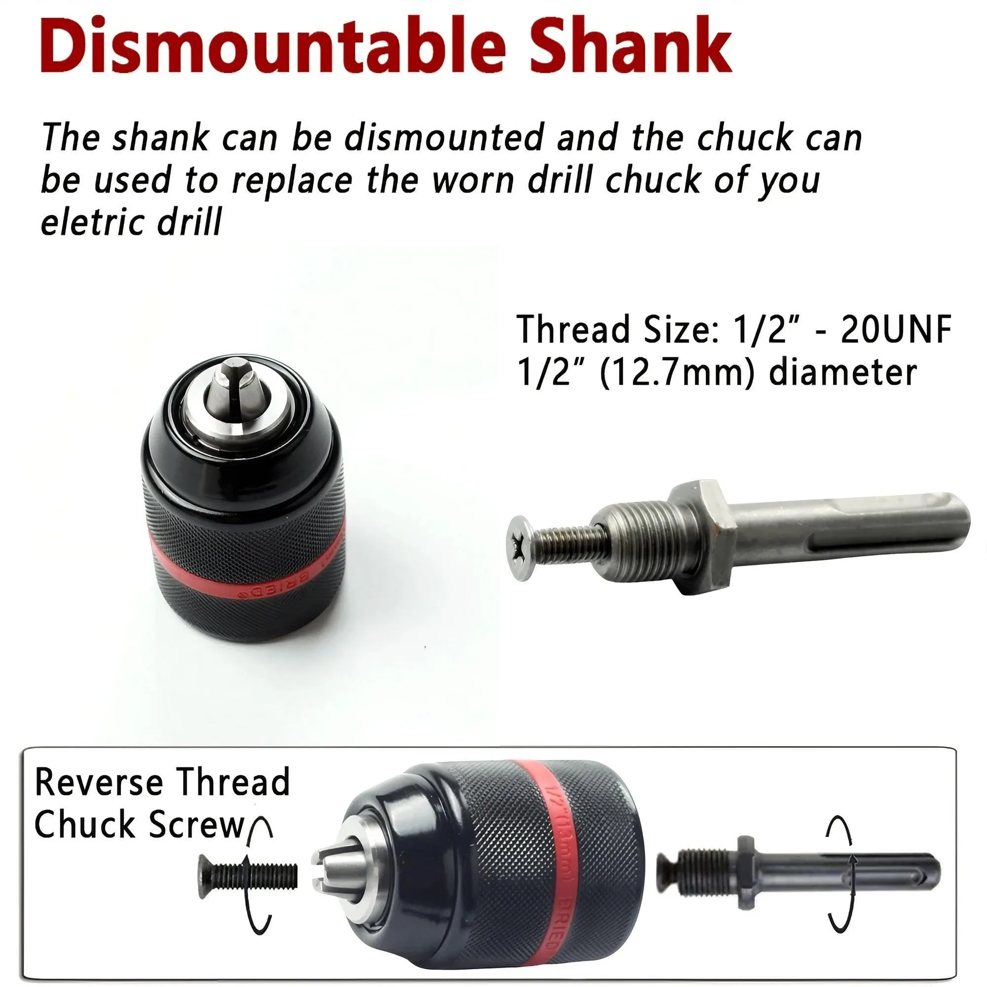 Keyless Drill Chuck Impact Drill Adapter SDS Plus Chuck Heavy Duty Drill Chuck Set Hex Shank Adapter 13mm Chuck Power Tool Accessories Patented Anti-Slip Locking Heat-Treated Maximum Clamping Force Quick Change 1050W+ Drills Professional Contractor Grade view 4