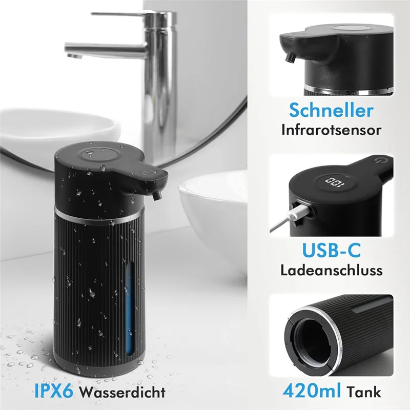 A74G- موزع صابون أوتوماتيكي، كهربائي، تصميم مثبت على الحائط مع USB، قابل لإعادة الشحن للحمام والمطبخ