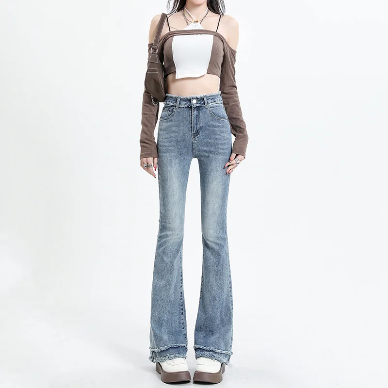 Mao-Edged Micro-Jeans Women, High-Waist, Slim Stretch Jeans, Female Long Pants, Light-Colored Trumpet Pants, Spring, Summer, New