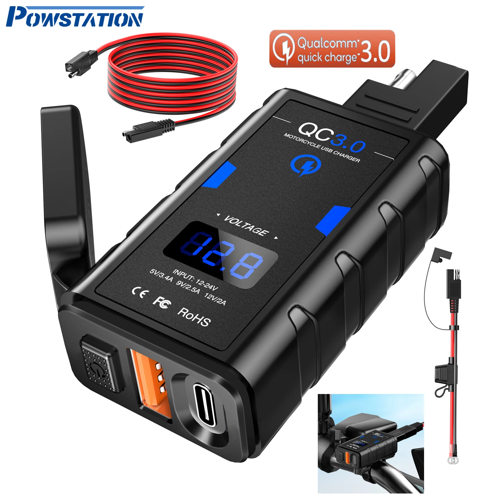 Powstation Waterproof Motorcycle Phone Charger QC3.0 USB + Type C 6.4A Charger With Cord Voltmeter Moto Power Supply Socket