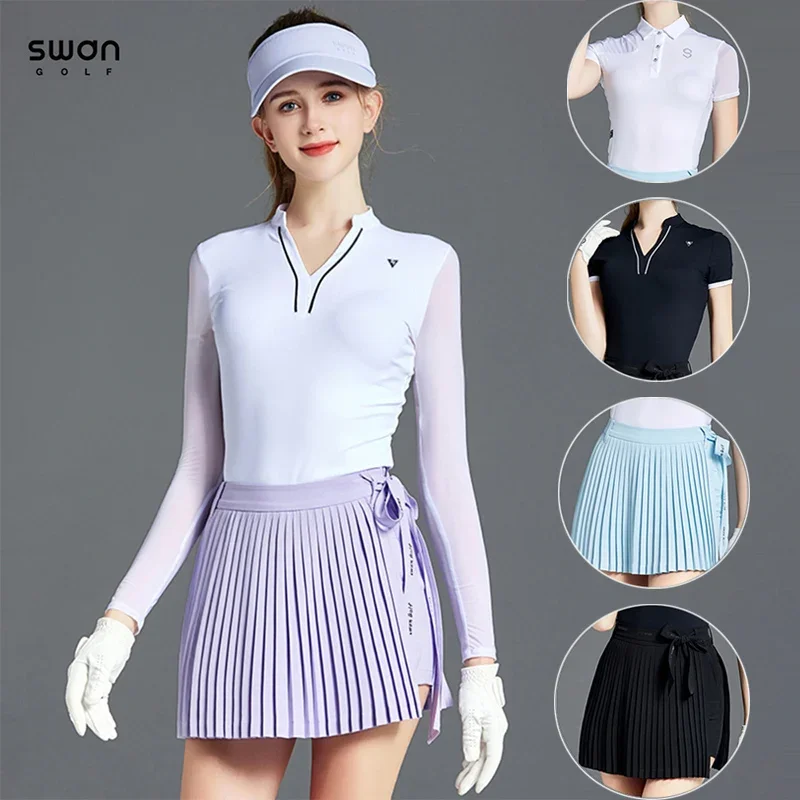 SG Women Pleated Bow Golf Skirt Adjustable Waistband A-line Skort Ladies Breathable Fast Dry Shirt Elastic Ice Silk Golf Tops