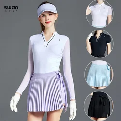 SG Women Pleated Bow Golf Skirt Adjustable Waistband A-line Skort Ladies Breathable Fast Dry Shirt Elastic Ice Silk Golf Tops