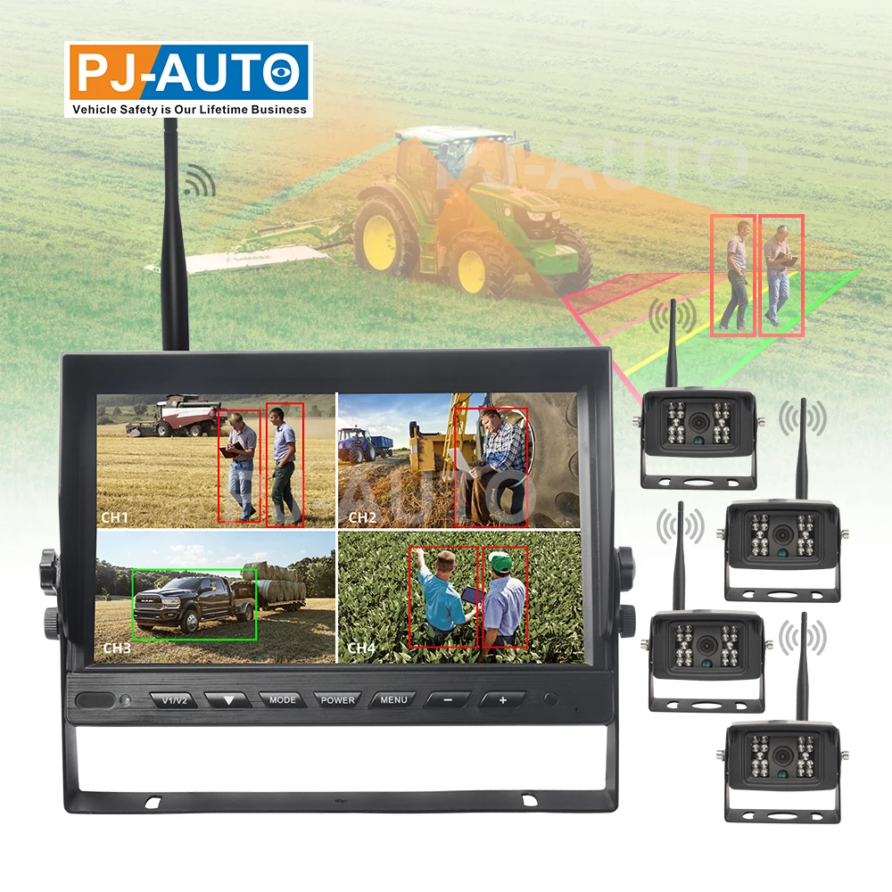 

PJAUTO AI HD Split View Беспроводной вилочный погрузчик Сельскохозяйственные камеры AI Обнаружение пешеходов Беспроводная система заднего вида