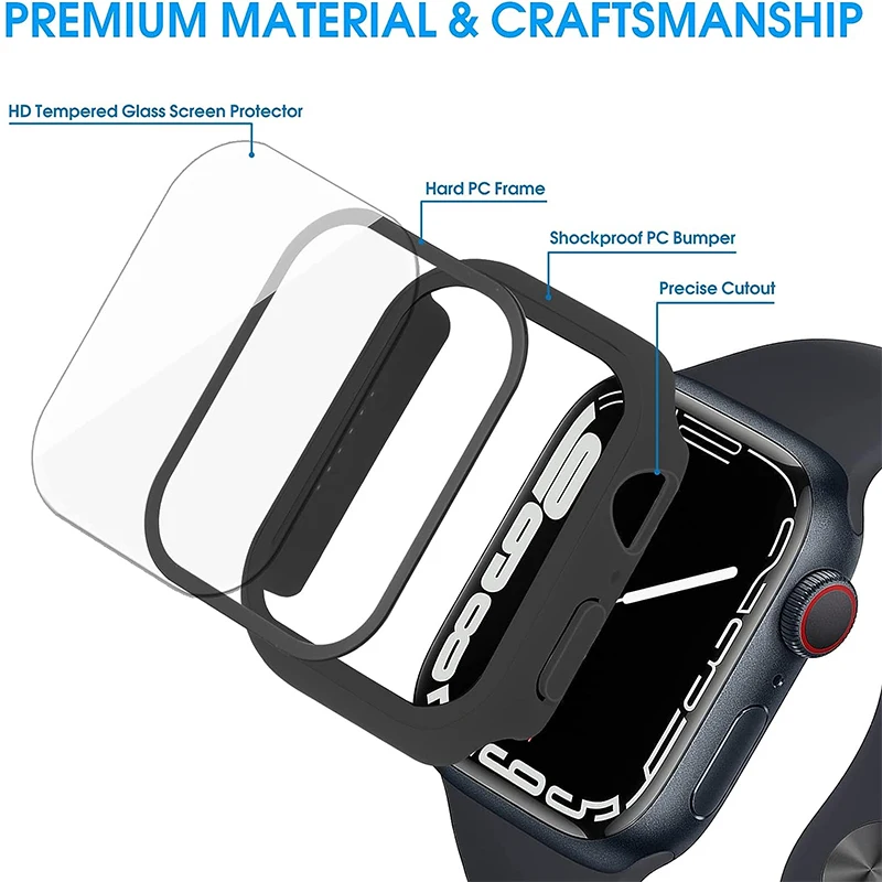 Funda de PC para Apple Watch Series 9/8/7 45mm 44mm 41mm 40mm Funda rígida con protector de pantalla de vidrio templado para iWatch 6/5/4/se/3