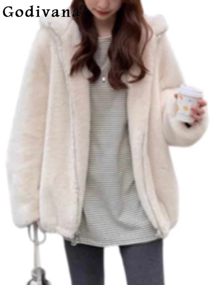 

Women's Autumn Winter 2025 Korean White Thickened Long-sleeved Hooded Jacket Loose Versatile Age-reducing Fashion Versatile Top