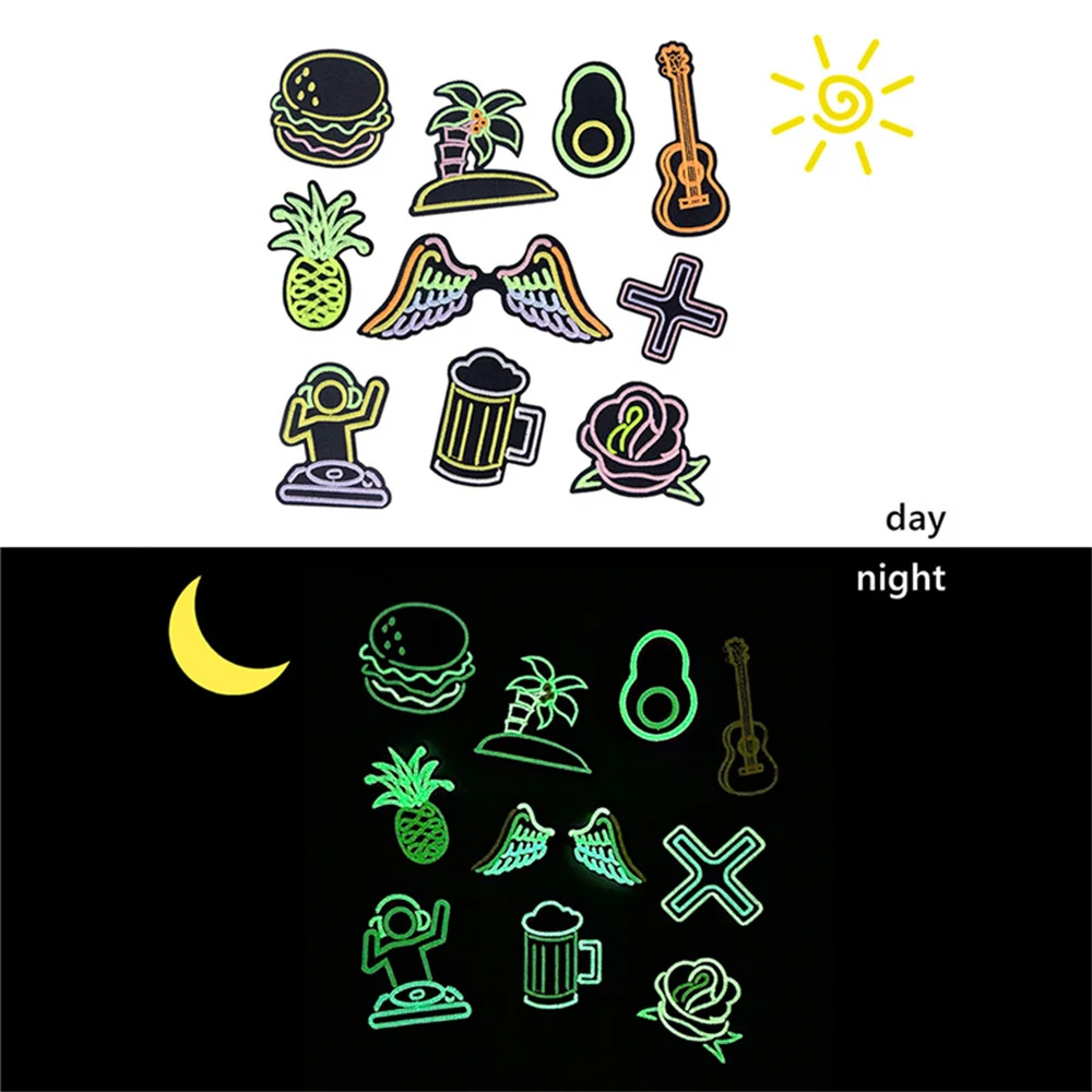 1PC New Night Glow Embroidered Patches For Clothing Sew On Hamburg avocado guitar wings pineapple DIY Handmade Clothes Accessory