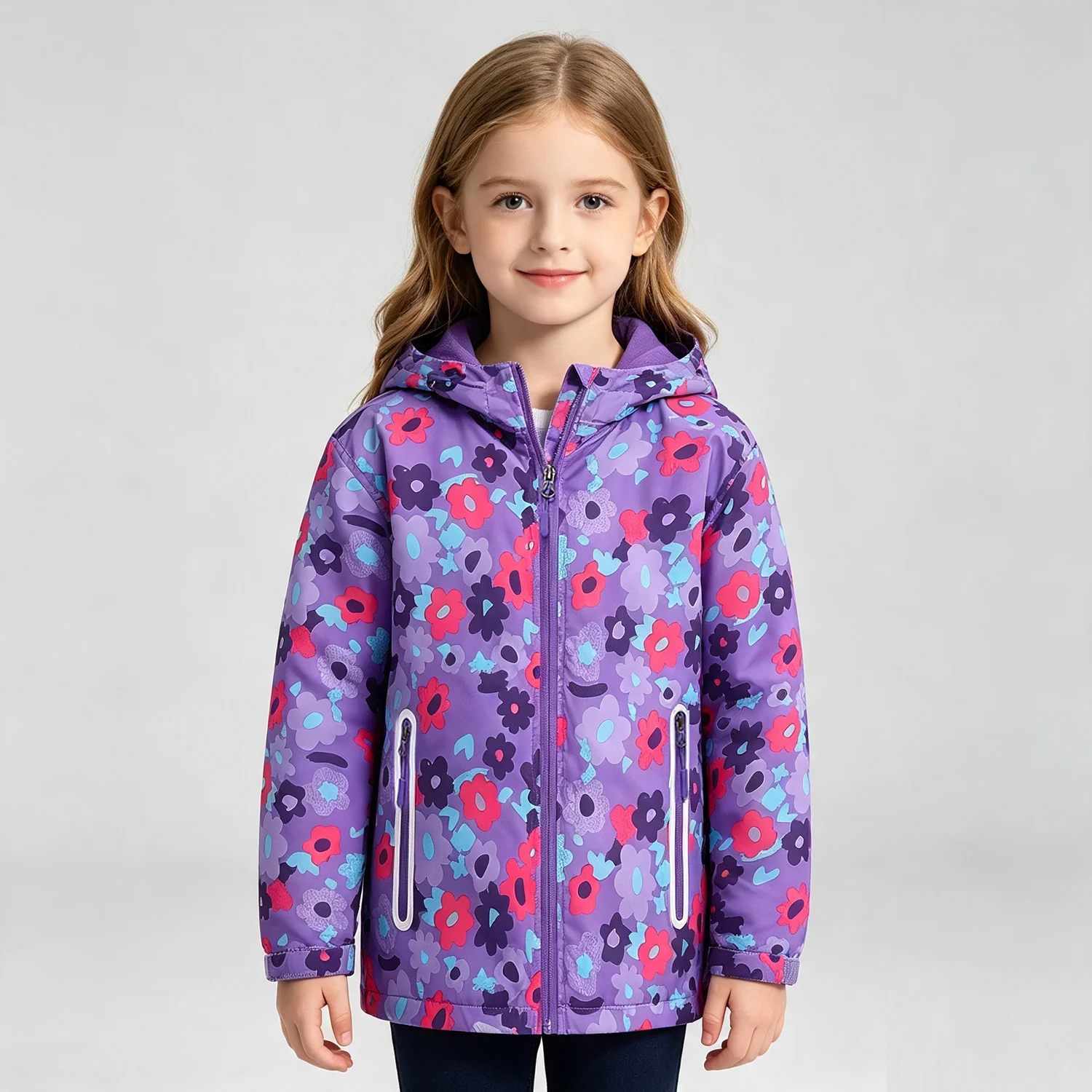 Girls' outdoor windproof and waterproof jacket, double-layer fleece warm autumn and winter girls' jacket