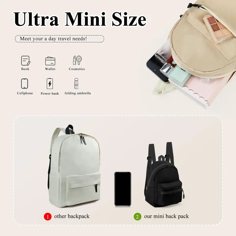 , Mochilas de nailon para mujer, bolso tipo mochila con correa para el hombro desmontable, mini bolso tipo mochila para viajes (negro)