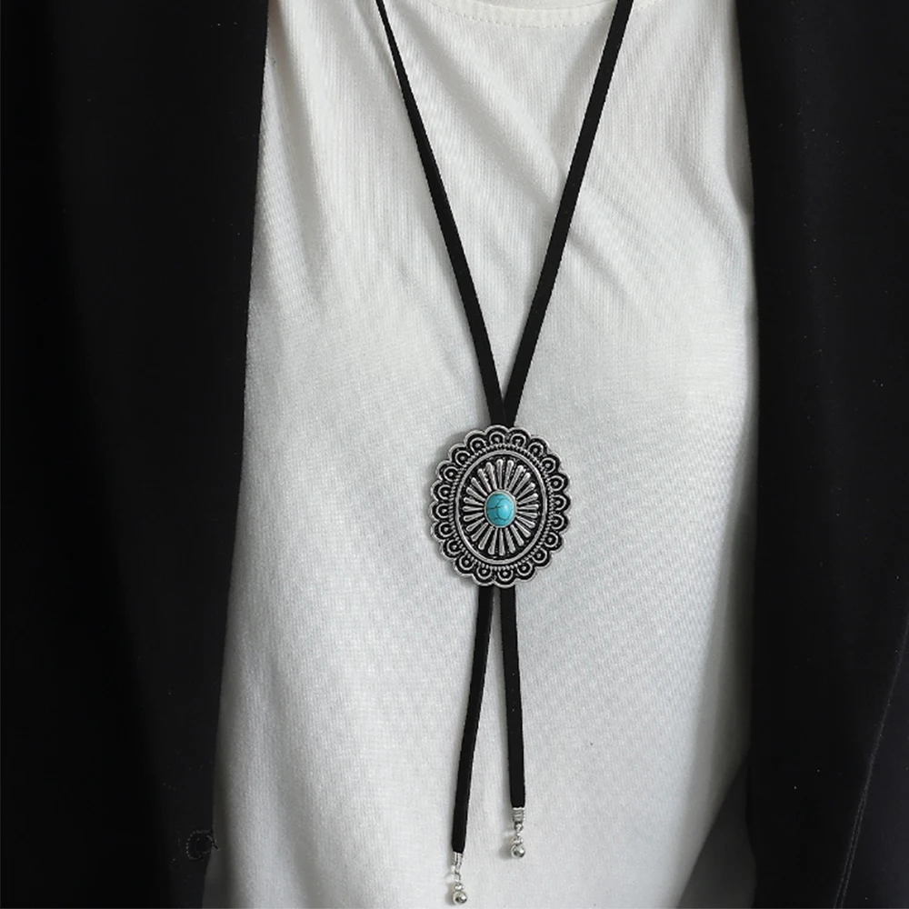 Vintage Concho Women Pendant Necklace Ethnic Sunflower Dangle Sweater Chain Necklace long Pu Leather Rope Necklace