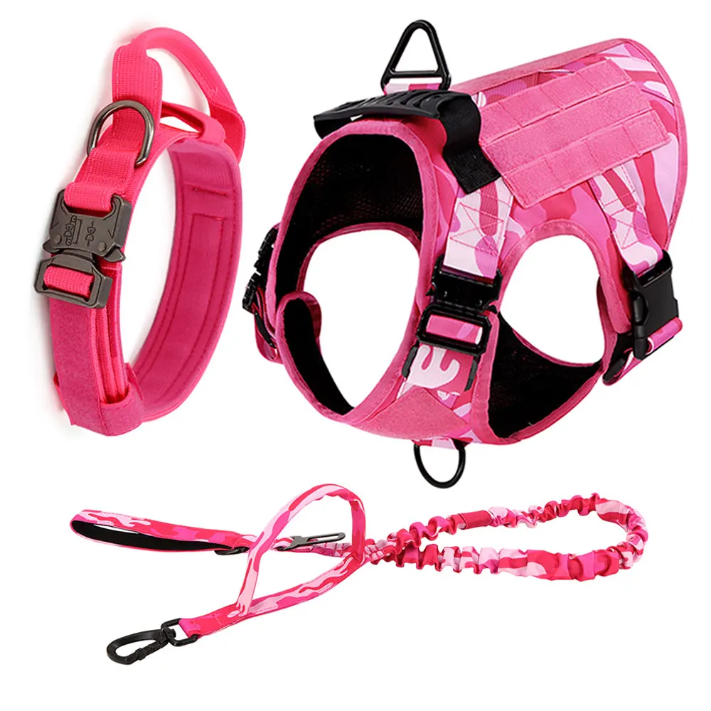 Military Dog Harness For Large Medium Dogs Pink Harness Collar Leash Set Adjustable Pet German Shepherd Tactical Training Vest